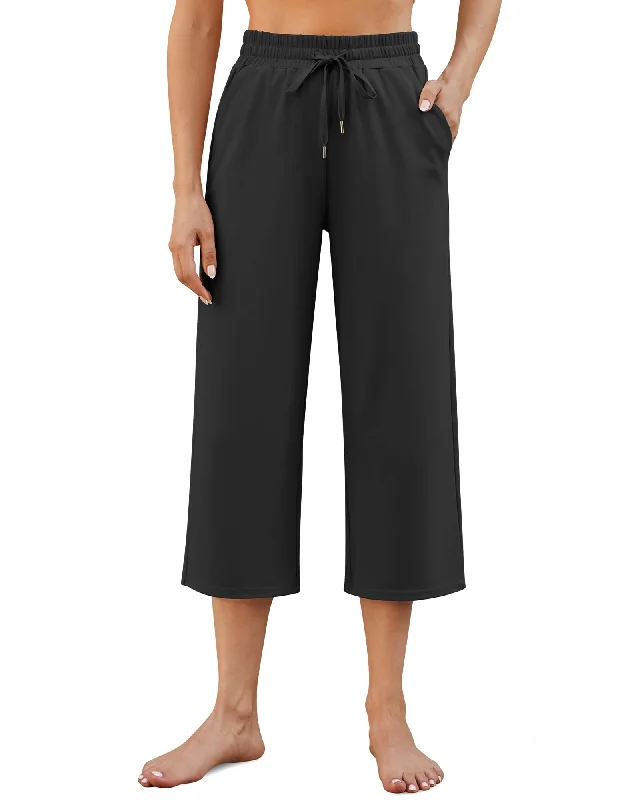 Wide Leg Mid-Waist Pocket Drawstring Casual Capris Pants