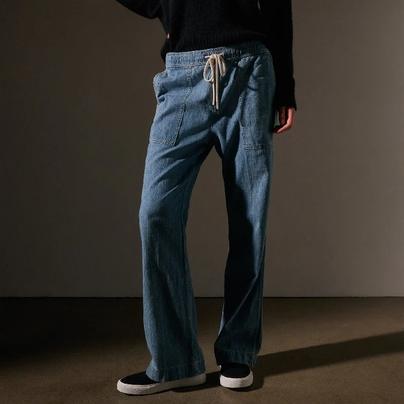 Wide Leg Pull On Denim Pant - Mid Bleach Wash