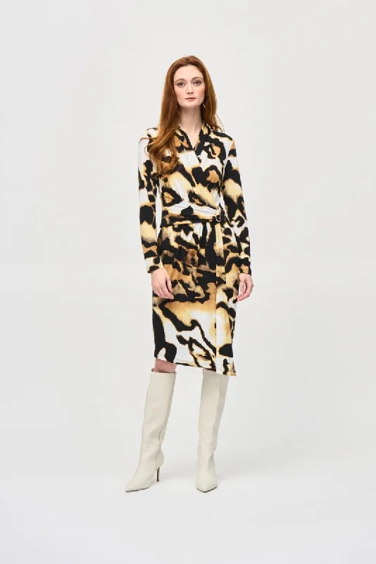 Joseph Ribkoff Off-White/Multi Animal Print Faux Wrap Sheath Dress 243143